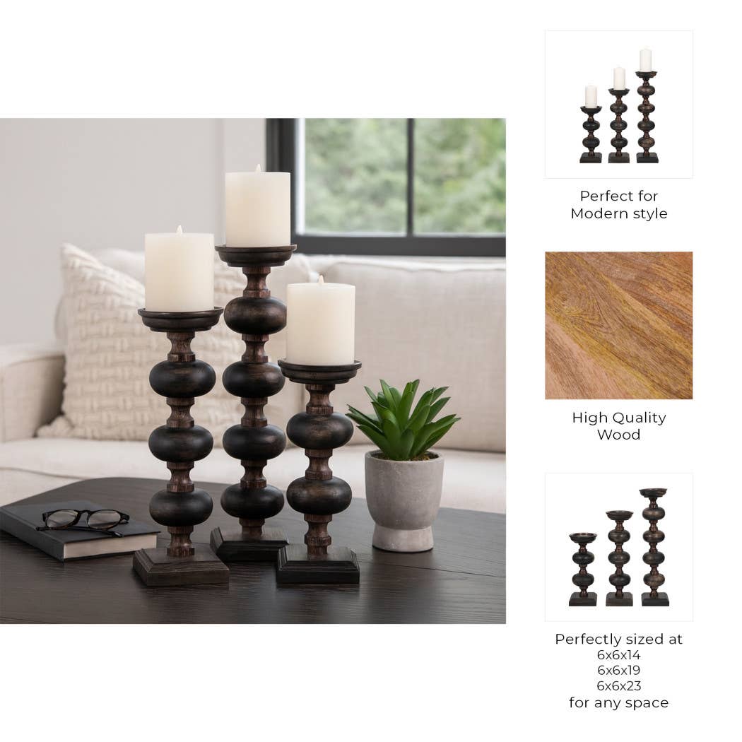 Candle Sticks Set of 3 - Black Wood Sumpter, 14/19/23 in.
