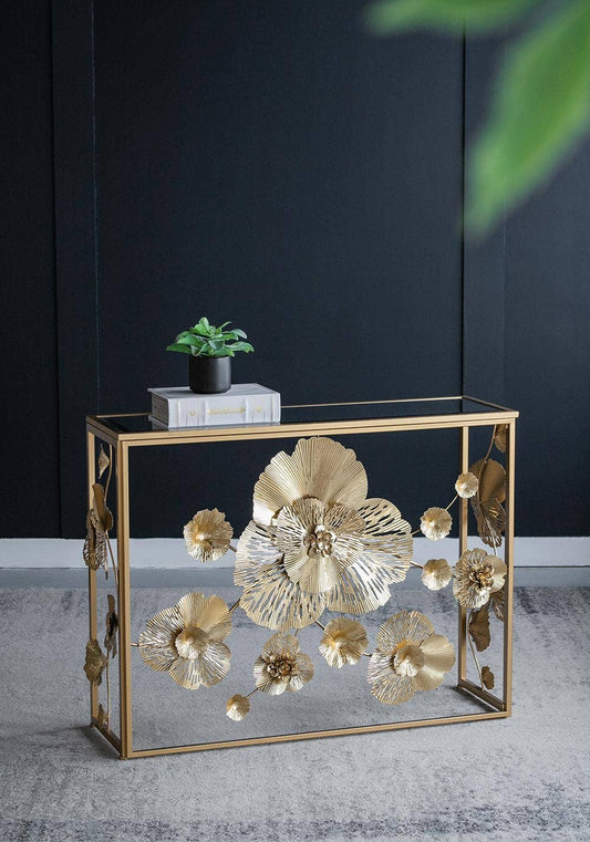 39.5x12x30.5" Gold Console Table with Mirrored Glass Top