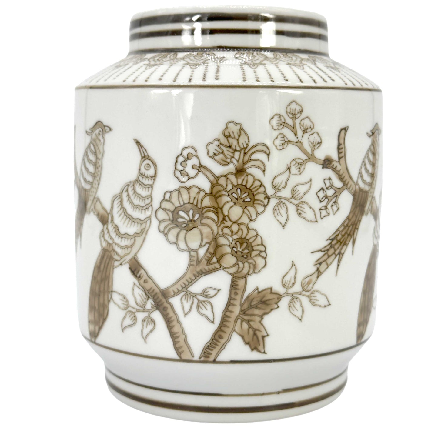 Brown Ceramic Cylinder Chinoiserie Vase 6.7"