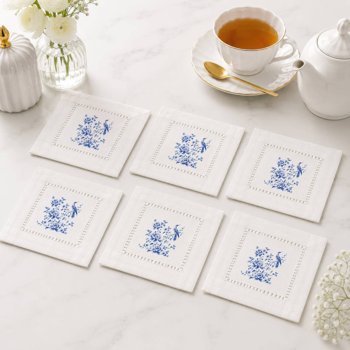 Chinoiserie Floral Bird Hemstitch Napkins