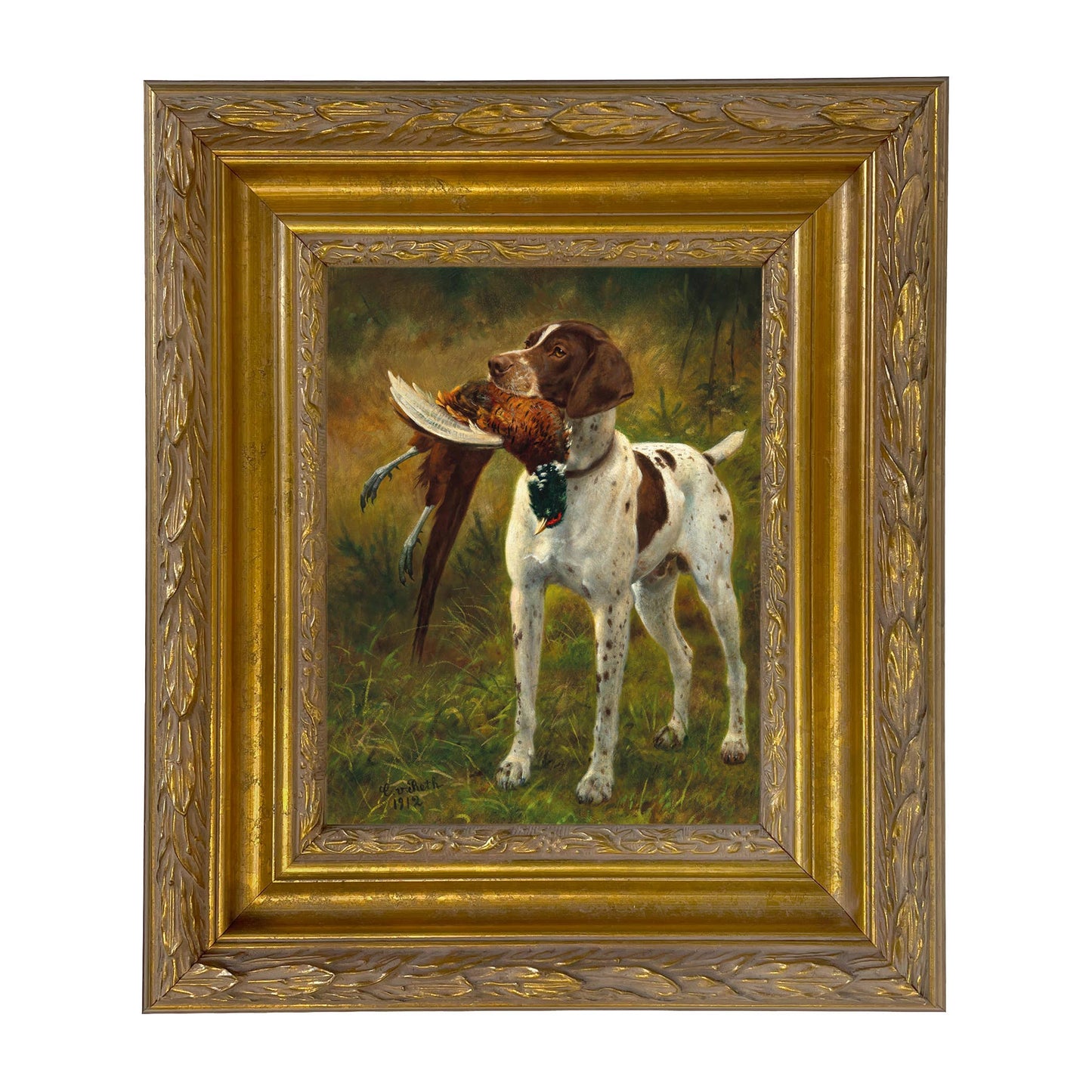 English Pointer with Pheasant Painted Vintage Canvas Print