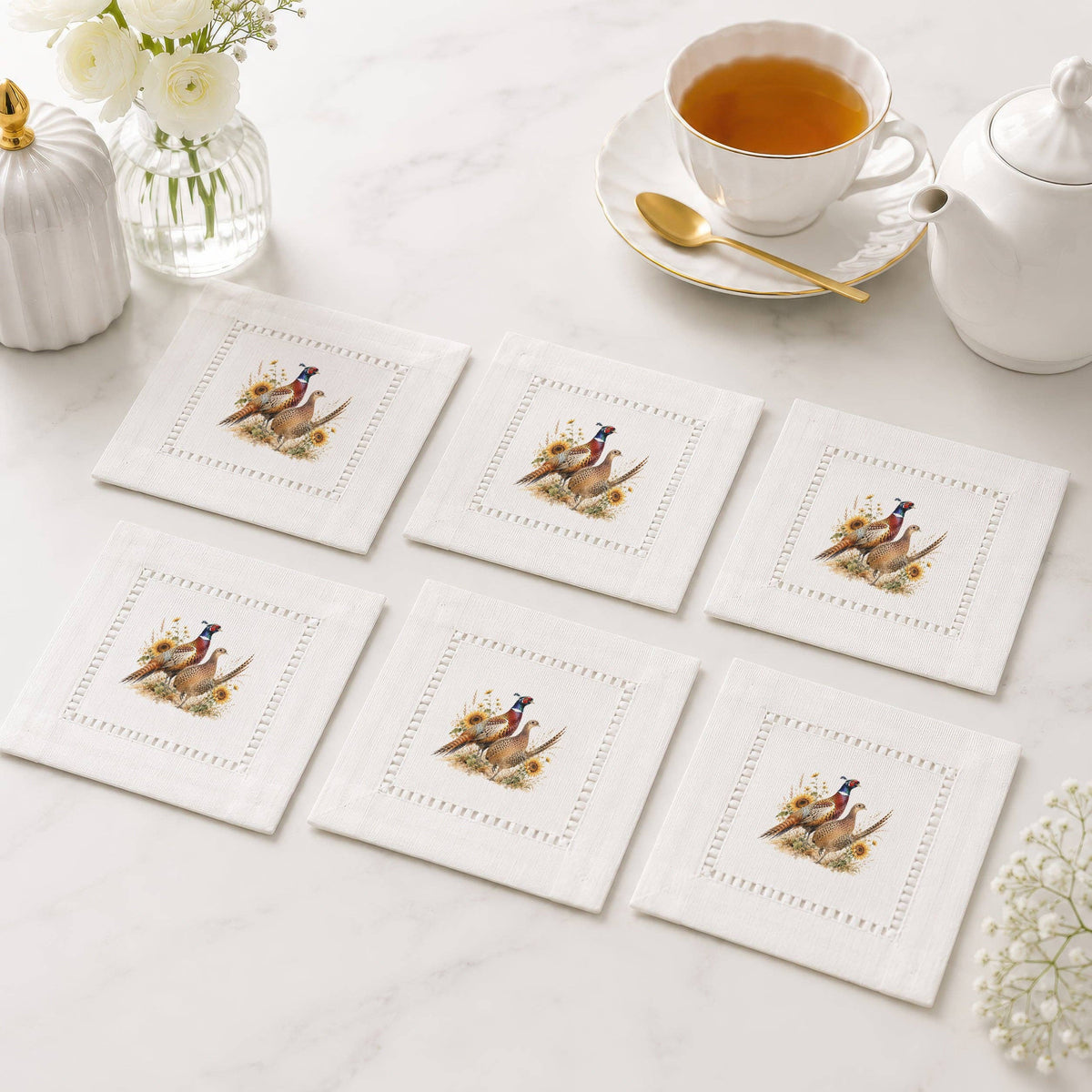 Harvest Table Pheasants Hemstitch Napkins