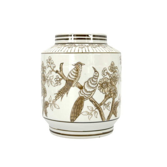 Brown Ceramic Cylinder Chinoiserie Vase 6.7"