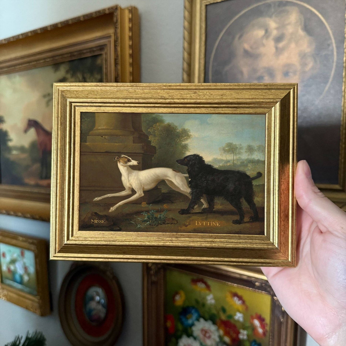 Vintage Style dogs playing Art Print Framed