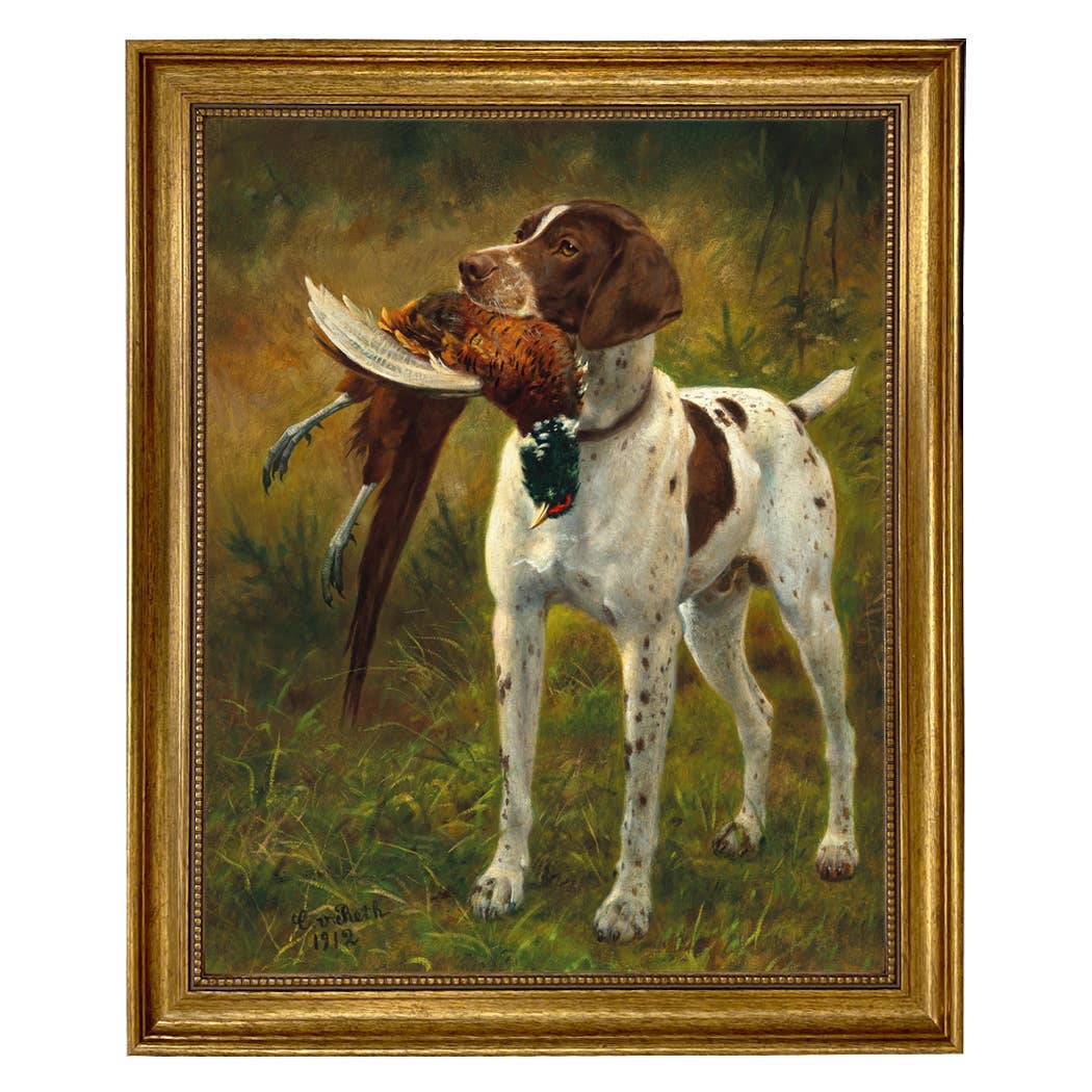 English Pointer with Pheasant Painted Vintage Canvas Print