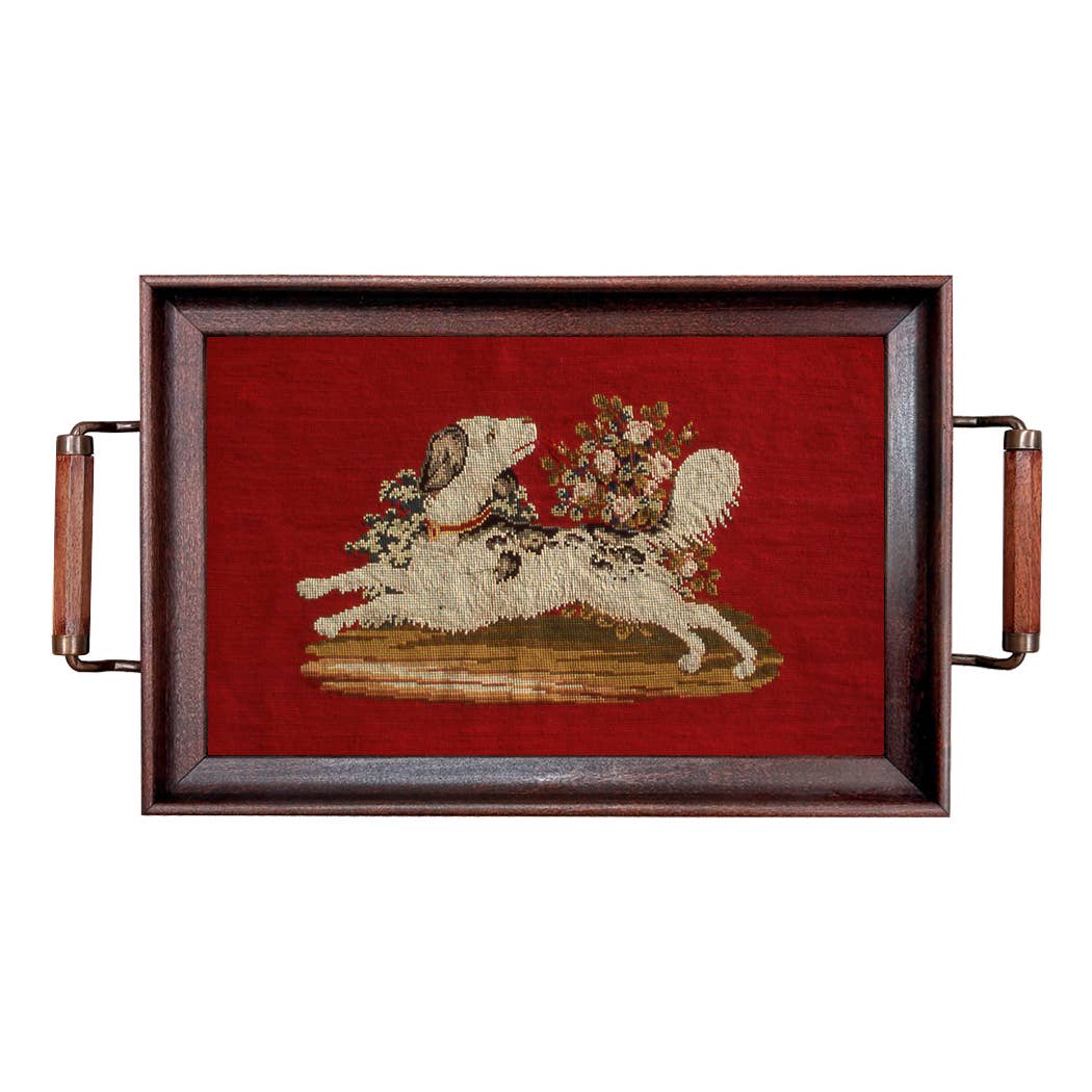 Hunting Spaniel Needlepoint Wood and Glass Decorative Tray