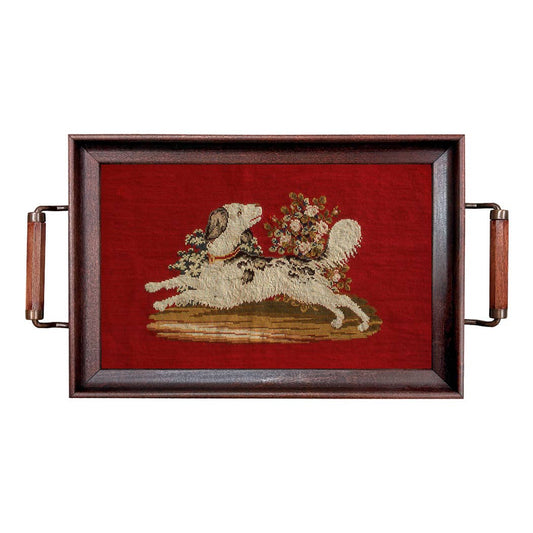 Hunting Spaniel Needlepoint Wood and Glass Decorative Tray