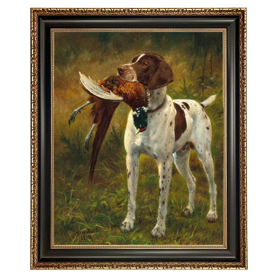 English Pointer with Pheasant Painted Vintage Canvas Print