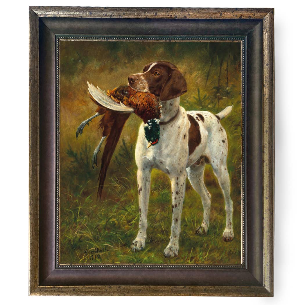 English Pointer with Pheasant Painted Vintage Canvas Print