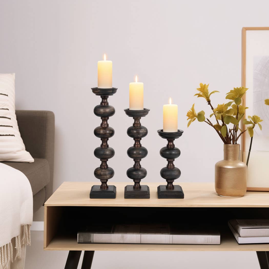 Candle Sticks Set of 3 - Black Wood Sumpter, 14/19/23 in.