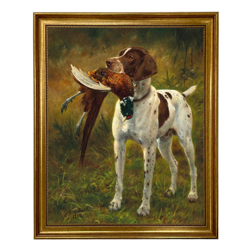 English Pointer with Pheasant Painted Vintage Canvas Print