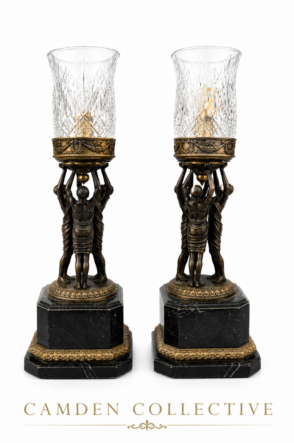 Pair Of Empire Style Figural Candle Hurricane Lamps